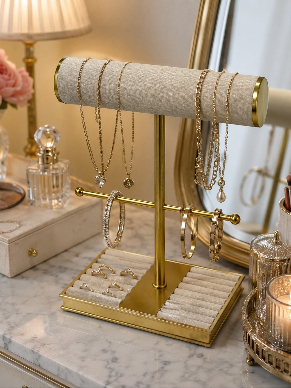 Gold Tone Jewelry Organizer Stand Necklace Bracelet Ring Holder Storage